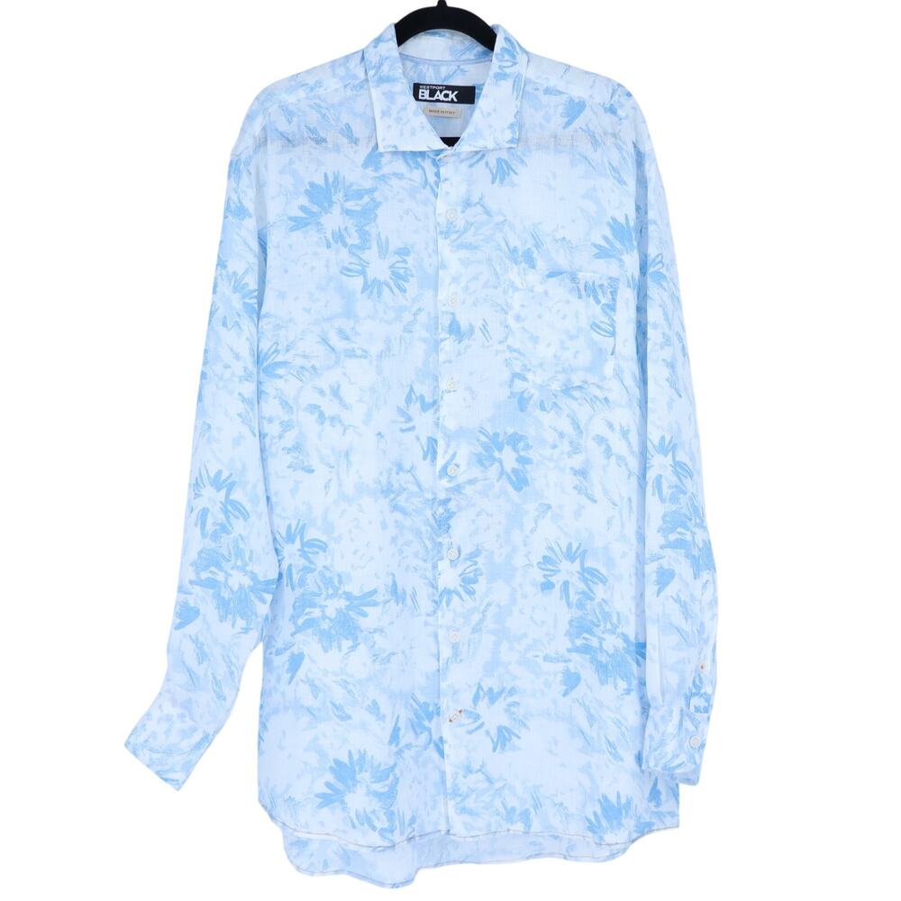 WESTPORT BLACK Linen Floral Button Up Shirt Blue White Long Sleeve Men's XLT